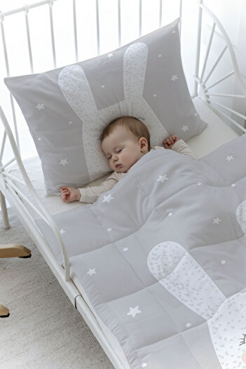 Tuğba Kuğu Organic Printed Baby (100X150) Quilt Set - Pure Baby Series - White Rabbit with Gray Background