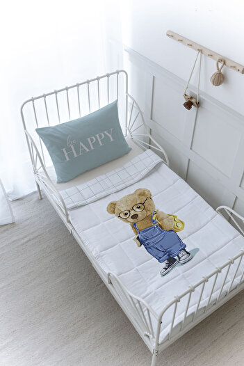 Tuğba Kuğu Organic Printed Montessori (100X200) Quilt Set - Pure Baby Series - Teddy Bear with Overalls