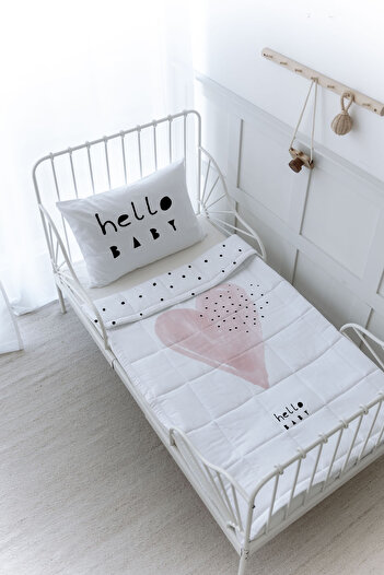 Tuğba Kuğu Organic Printed Baby (100X150) Quilt Set - Pure Baby Series - Pink Romantic Heart