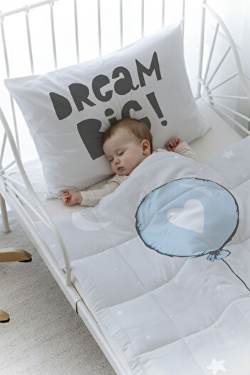 Tuğba Kuğu Organic Printed Montessori (100X200) Quilt Set - Pure Baby Series - Blue Heart Balloon