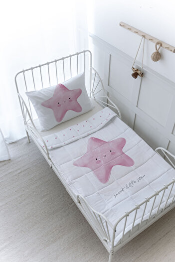 Tuğba Kuğu Organic Printed Baby (100X150) Quilt Set - Pure Baby Series - Fluffy Pink Star