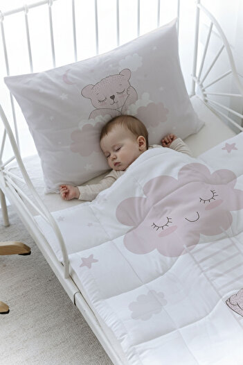 Tuğba Kuğu Organic Printed Baby (100X150) Quilt Set - Pure Baby Series - Bear Climbing the Clouds