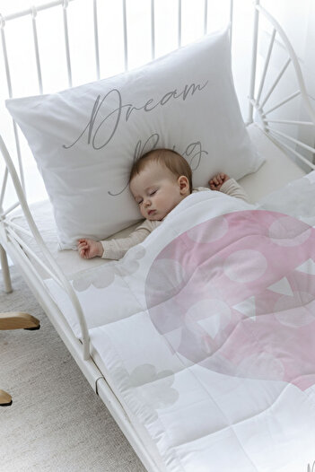 Tuğba Kuğu Organic Printed Montessori (100X200) Quilt Set - Pure Baby Series - Cloudy Pink Air Balloon