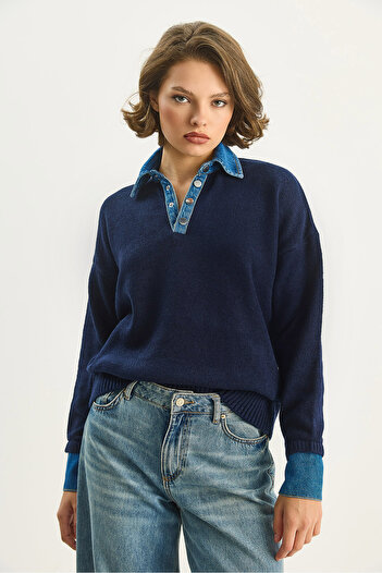 Bianco Lucci Women's Denim Detailed Shirt Collar Cuffed Basic Knitwear Sweater Tk251099 60283625