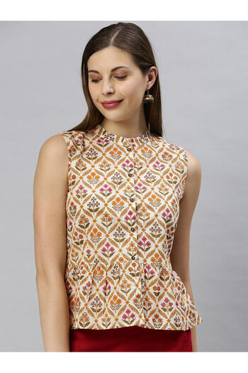 IndHeritage Off white sleeveless cotton top with ethnic prints perfect for office / casual wear