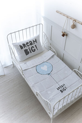 Tuğba Kuğu Organic Printed Montessori (100X200) Quilt Set - Pure Baby Series - Blue Heart Balloon