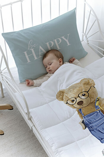 Tuğba Kuğu Organic Printed Montessori (100X200) Quilt Set - Pure Baby Series - Teddy Bear with Overalls