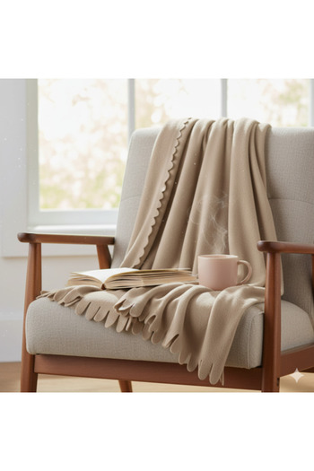 OEM Winter Decorative Beige Fleece Blanket with Tassels, Size 170x130 cm, Polyester