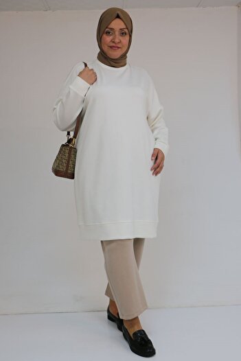 Eslina 58151 Plus Size Modal Tunic with Self-Ribbed Sleeves and Hem - Ecru