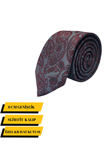 Elegante Cravatte Slim Fit Burgundy Gray Color Shawl Pattern Tie - Special Boxed