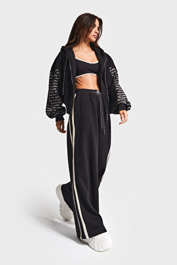 its basic Women's Black Color W5-1 Knitted Fabric Bustier Fleece and Bottom Tracksuit 3-Piece Design Set