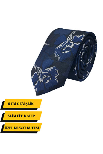 Elegante Cravatte Slim Fit Floral Pattern Navy Blue Color Tie - Special Boxed