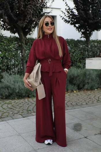 QİMYA BUTİK Buketli̇ Women's Jacket, Skirt and Trousers Set with Pleated Detail and Belted Two-Piece Set