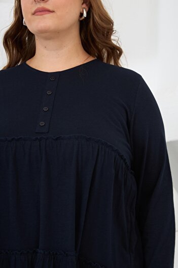 RMG Button Detailed Ruffled Plus Size Tunic Navy Blue