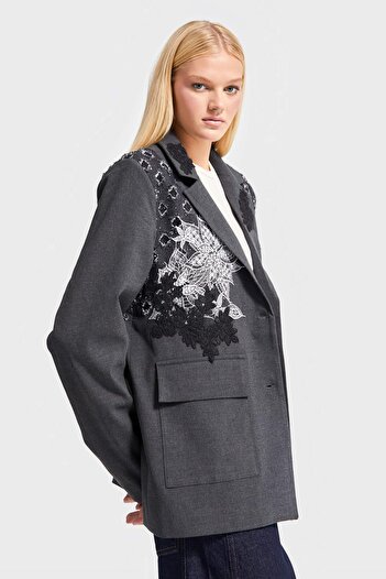 its basic Women's Anthracite Color Double Breasted Fit Loose Cut Embroidered Special Design Jacket