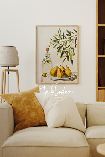 tablodea Bohem Zeytin Dalları Çerçeveli Poster Tablo Minimalist Dekoratif Meyve Desenli Mutfak Duvar Tablosu