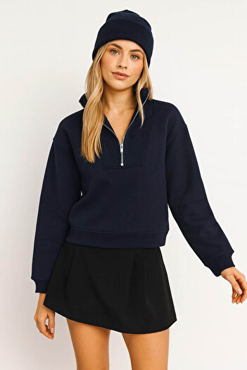 Fashion Friends Zippered Trucker Collar Navy Blue Women's Sweatshirt 25K0166K1