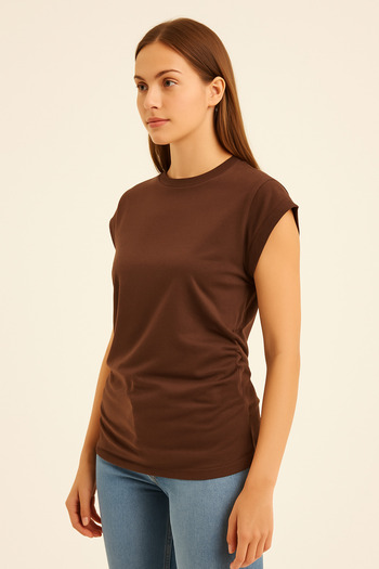 Ramior Women's Brown Side Gathered Basic Sleeveless T-Shirt