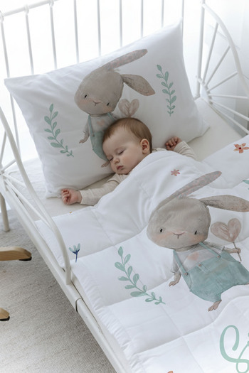 Tuğba Kuğu Organic Printed Montessori (100X200) Quilt Set Quilt Set - for Baby Series - Rabbit with Overalls