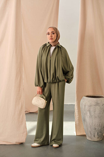 LOCCO Women's Batwing Sleeve Flared Suit Khaki Green