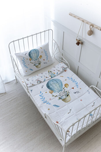 Tuğba Kuğu Organic Printed Montessori (100X200) Quilt Set Quilt Set - for Baby Series - Elephant in a Blue Balloon