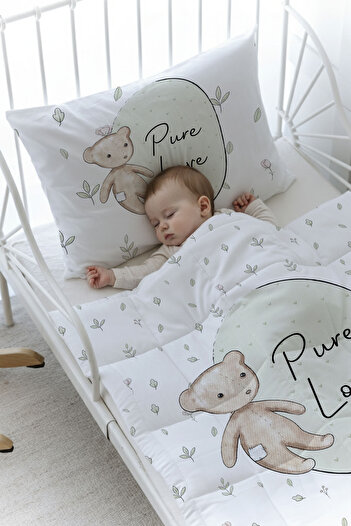Tuğba Kuğu Organic Printed Baby (100X150) Quilt Set - for Baby Series - Retro Teddy Bear
