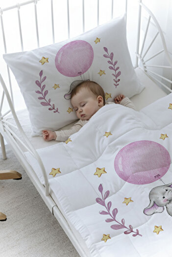 Tuğba Kuğu Organic Printed Montessori (100X200) Quilt Set - for Baby Series - Pink Big Balloon Elephant
