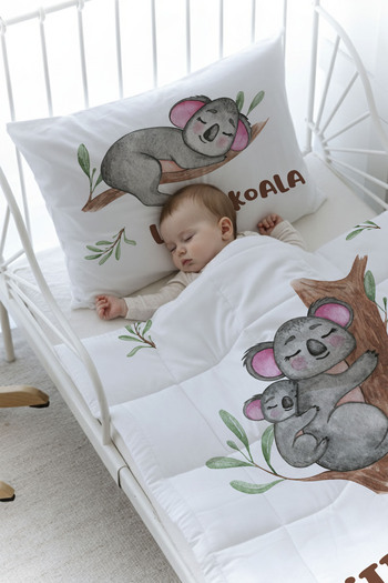 Tuğba Kuğu Organic Printed Baby (100X150) Quilt Set - for Baby Series - Mother and Baby Koala