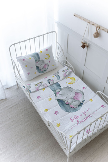 Tuğba Kuğu Organic Printed Baby (100X150) Quilt Set - for Baby Series - Pink Elephant Sleeping in a Tube