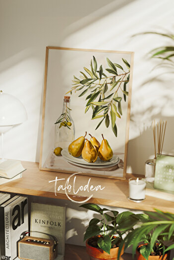 tablodea Bohem Zeytin Dalları Çerçeveli Poster Tablo Minimalist Dekoratif Meyve Desenli Mutfak Duvar Tablosu