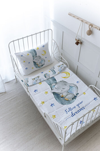 Tuğba Kuğu Organic Printed Baby (100X150) Quilt Set - for Baby Series - Blue Elephant Sleeping in a Tube