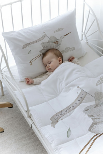 Tuğba Kuğu Organic Printed Montessori (100X200) Quilt Set Quilt Set - Royal Series - Welcome Baby Stork