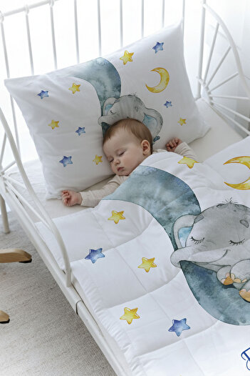 Tuğba Kuğu Organic Printed Baby (100X150) Quilt Set - for Baby Series - Blue Elephant Sleeping in a Tube