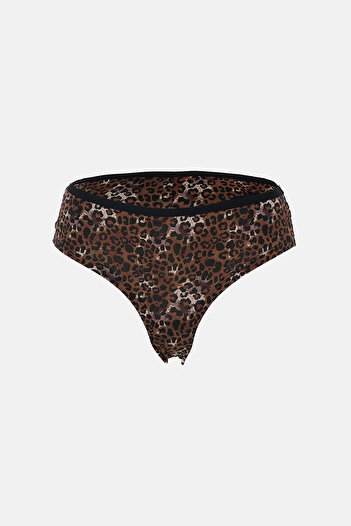 Eros Beige-Black Women's 3-Piece Patterned Brazilian Panties with Lace Detail on the Back