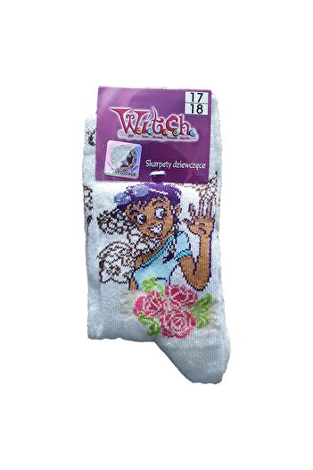Witch Children's White Socks with Cartoon Design, Size 17-18 EU, Cotton Blend
