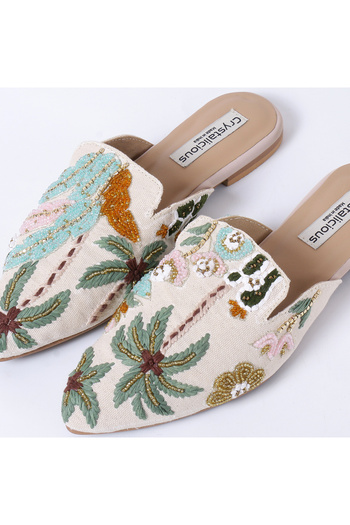 crystalicious Amelia Flat Mule Hand-Embroidered Cotton Canvas Fabric, 100% Animal-Free Material