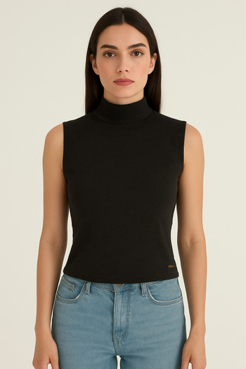 Ramior Women's Black Wrinkled Fabric Half High Neck Sleeveless Blouse