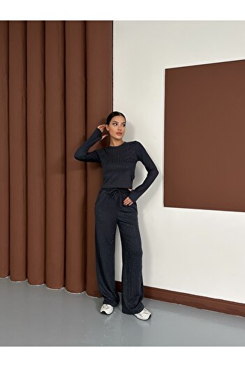 MODAMERSİ Women's Anthracite Stone Print Detailed Modal Fabric Top and Bottom Set