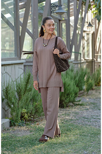 Fatma Atasoy Self-Stripe Mocha Basic Mercerized Knitwear Double Set
