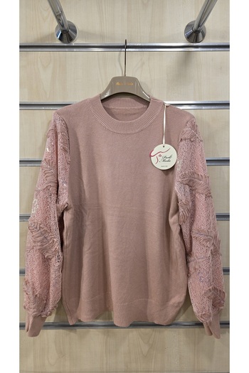 Park Moda Knitwear Sweater with Lace and Sequin Detail on the Sleeves