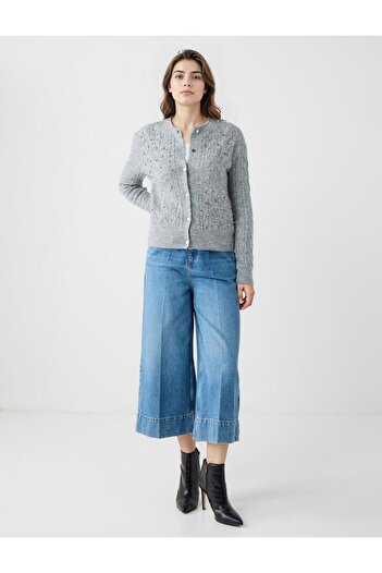 Jimmy Key Gray Round Neck Stone Detailed Wool Blend Knitwear Cardigan