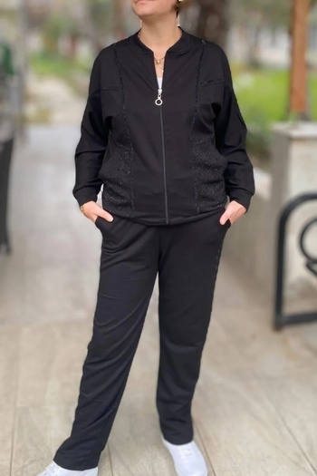 Mia Butik Plus Size Black Liza Stone Matching Set
