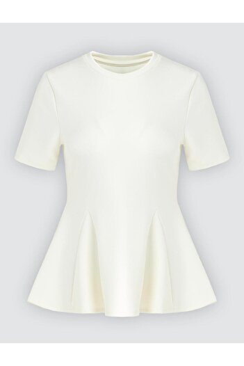 Jimmy Key Ecru Crew Neck Short Sleeve Flared Knitted Blouse