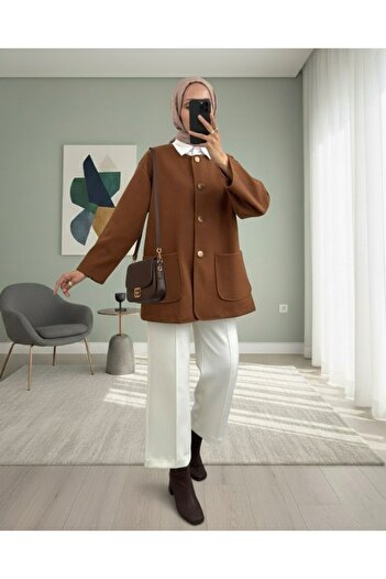 Modamorfo Double Pocket Buttoned Front Cashmere Jacket - Light Brown