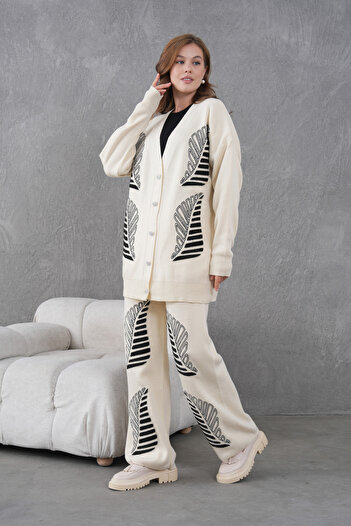 Miss Allos Women's Beaded and Embroidered Wide-Fit Knitwear Cardigan and Pants Top and Bottom Set