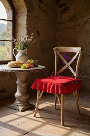 shules collection Red Color Handmade Washed Linen 4-Sided Ruffled Chair Cushion