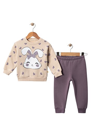 Bobişko Girl's Winter Rabbit Printed Tracksuit Set |   3 Threaded Rasterized