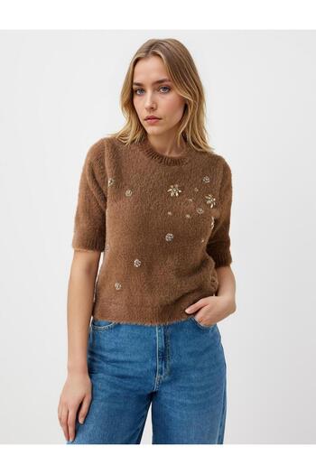 Jimmy Key Bitter Brown Round Neck Three Quarter Sleeve Stone Detailed Knitwear Sweater