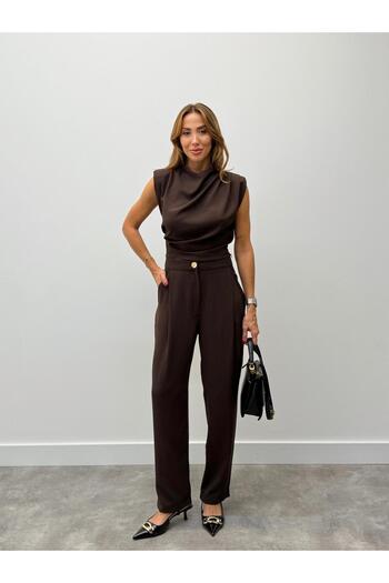 Maldia Shop Women's Padded Drape Detail Bottom Top Brown Pants Set