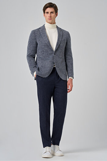 Morven Men's Marine Knitted Trend Plaid Slim Fit Mono Collar Jacket